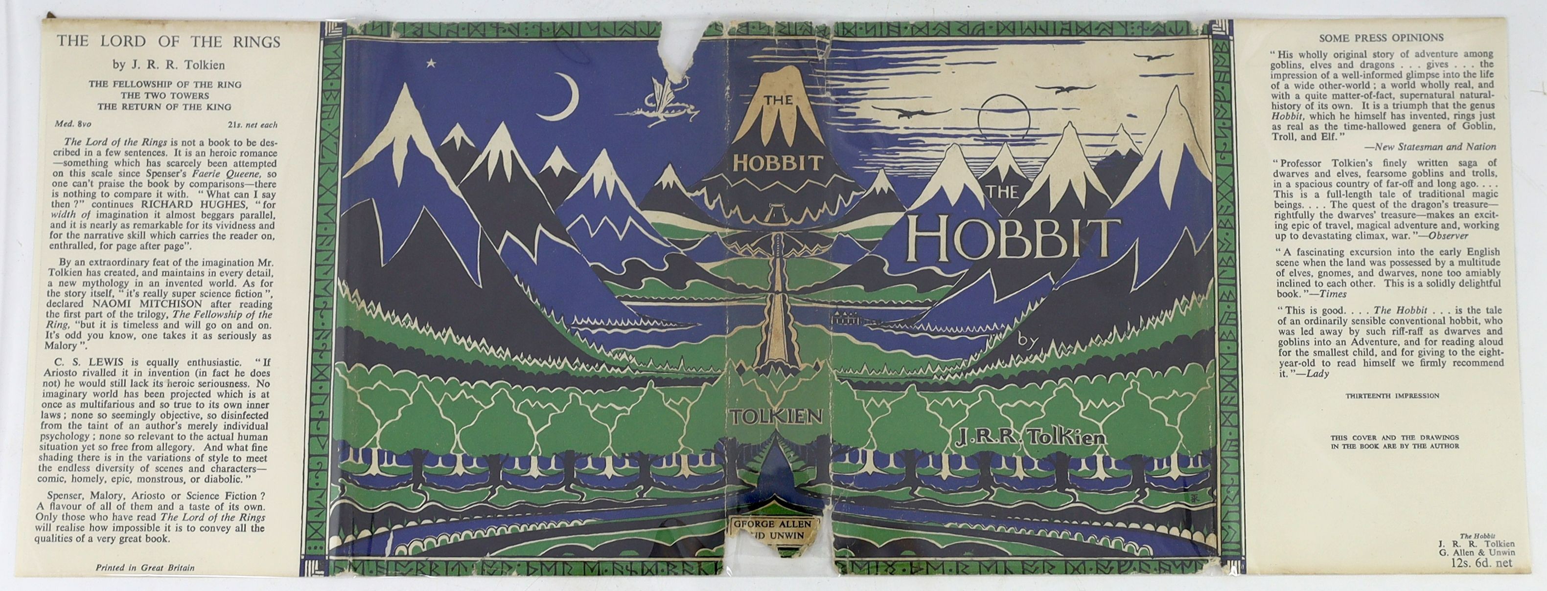 Tolkien, John Ronald Reuel - The Hobbit, 2nd edition, 13th impression, with colour frontispiece, map endpapers, original green cloth in unclipped d/j, with small loss to upper right back panel and spine base, George Alle